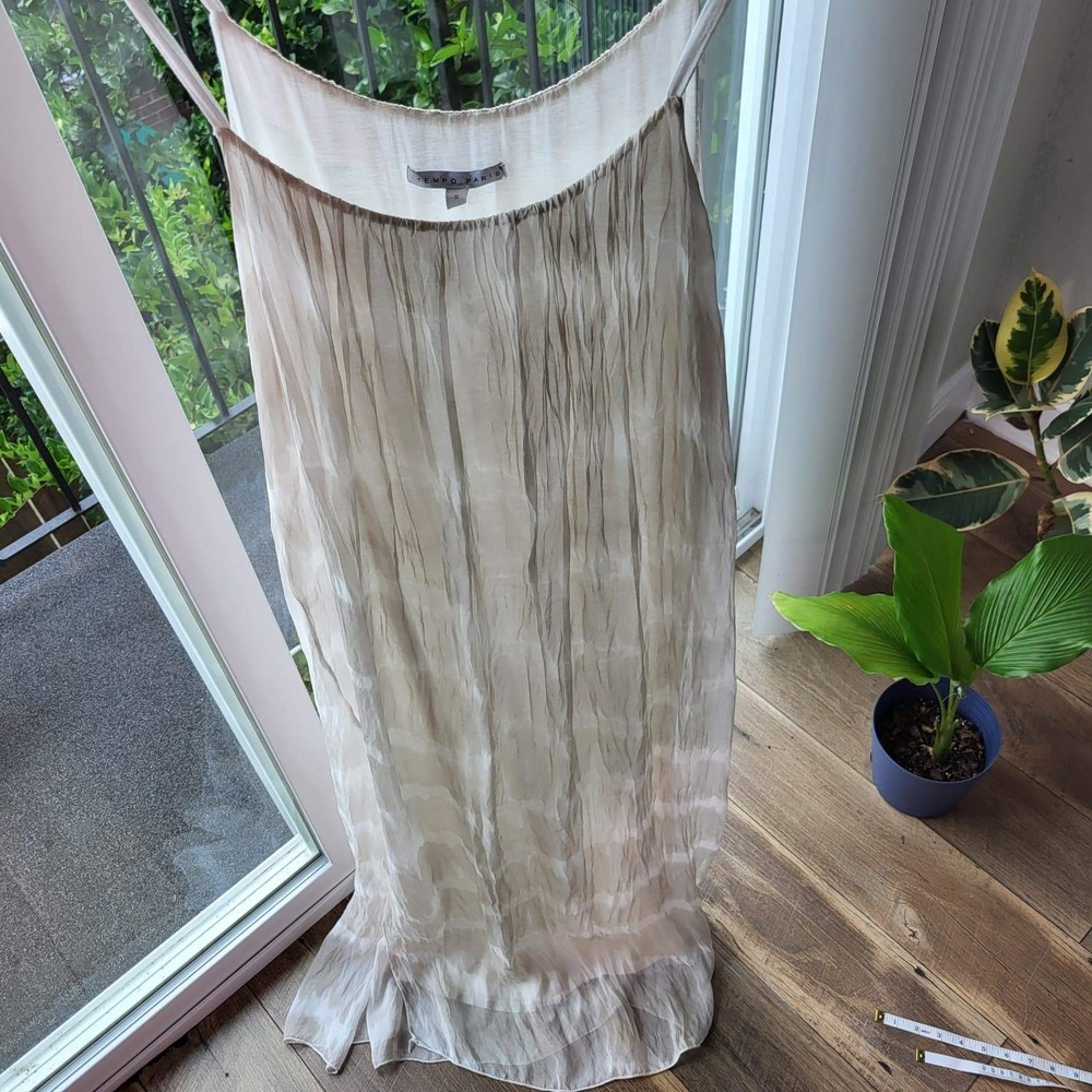 Tempo Paris Italian Silk Maxi Dress Beige White Tie Dye Sleeveless Small